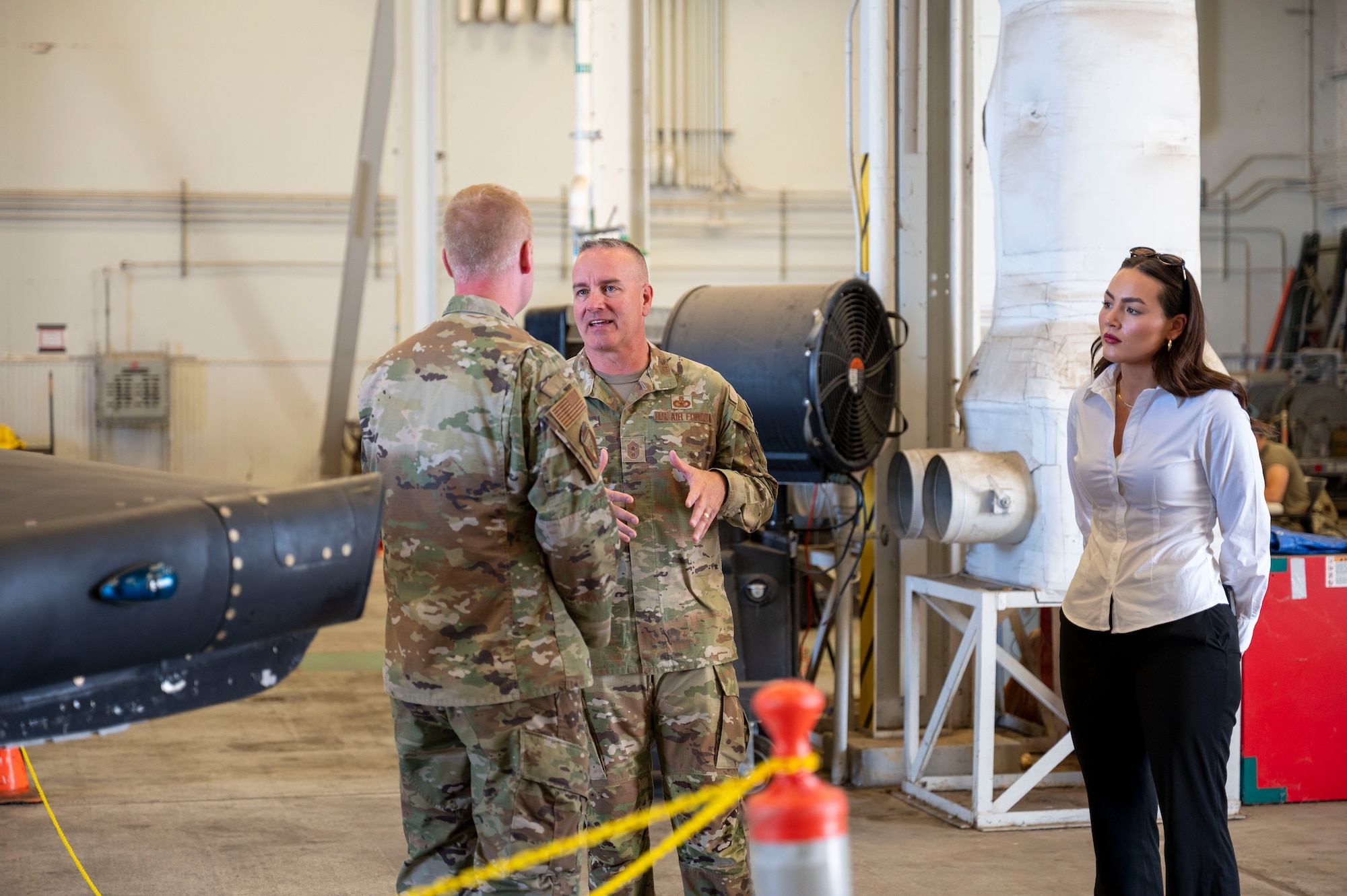 Master Sgt. William Evans, 9th Maintenance Group maintenance manager, briefs Chief Master Sergeant of the Air Force David R. Wolfe at Beale Air Force Base, Calif., Aug. 3, 2026.