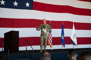 Chief Master Sergeant of the Air Force David R. Wolfe speaks to members of the 9th Reconnaissance Wing during an all call at Beale Air Force Base, Calif., Aug. 3, 2026.