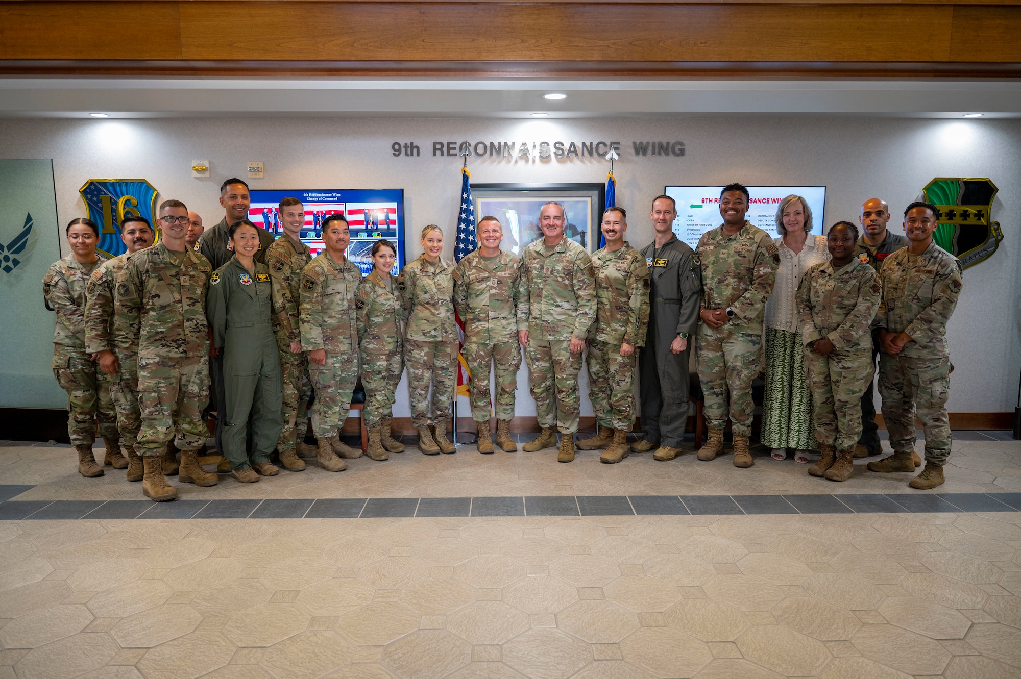 Chief Master Sgt. of the Air Force David R. Wolfe poses for a group photo with the 9th Reconnaissance Wing command team at Beale Air Force Base, Calif., Aug. 3, 2026.