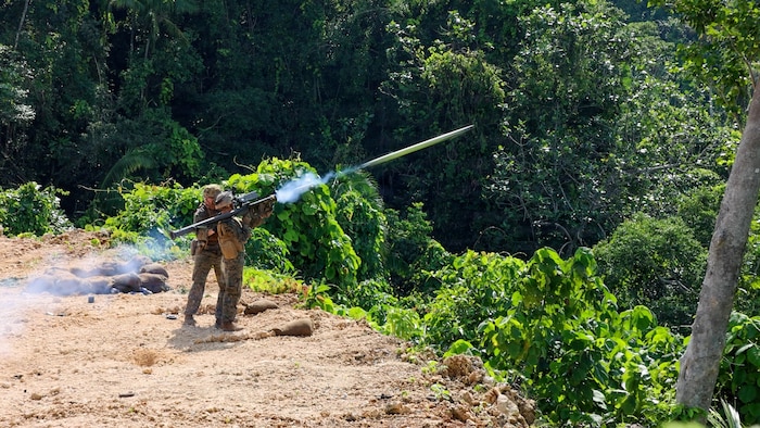 U.S. Marines assigned to 1st Low Altitude Air Defense Battalion, Marine Air Control Group 18, 1st Marine Aircraft Wing, fire a FIM-92 Stinger during Tenacious Archer 26 in Koror, Palau, July 30, 2026.