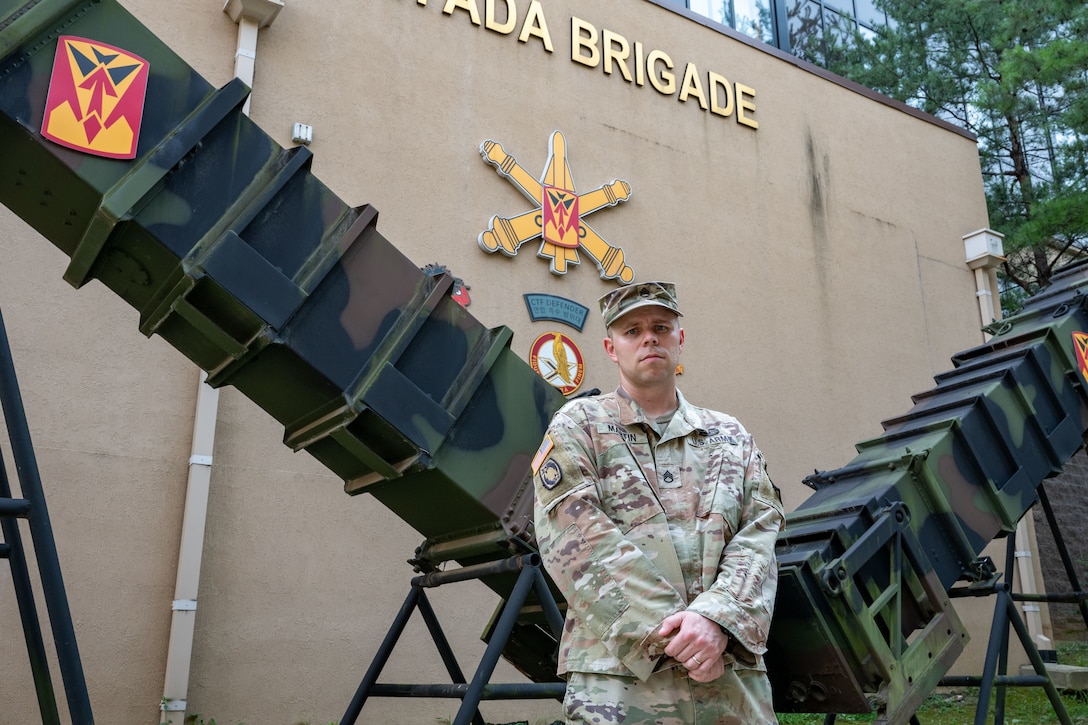 U.S. Army Staff Sgt. Alexander Martin, 35th Air Defense Artillery Brigade fire direction center battle systems manager, poses for a photo at Osan Air Base, Republic of Korea, July 28, 2026. Martin was one of the first people on scene to begin evacuating passengers from an overturned bus during an off-duty tour in Paju, ROK, June 2026.