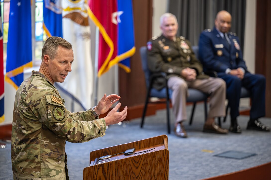 U.S. Air Force Maj. Gen. Christopher Eason, judge advocate general of the Air Force, speaks at the retirement ceremony of U.S. Air Force Maj. Gen. Charles Walker, Air National Guard assistant to the judge advocate general of the United States Air Force, in Nashville, Tenn., July 24, 2026. Walker is concluding a distinguished 35-year career during which he previously served as director of the Office of Complex Investigations at the National Guard Bureau in Washington, D.C., chief of staff for the Air Component at Joint Force Headquarters—Kentucky National Guard, and staff judge advocate for the Kentucky Air Guard’s 123rd Airlift Wing in Louisville. (U.S. Air National Guard photo by Dale Greer)