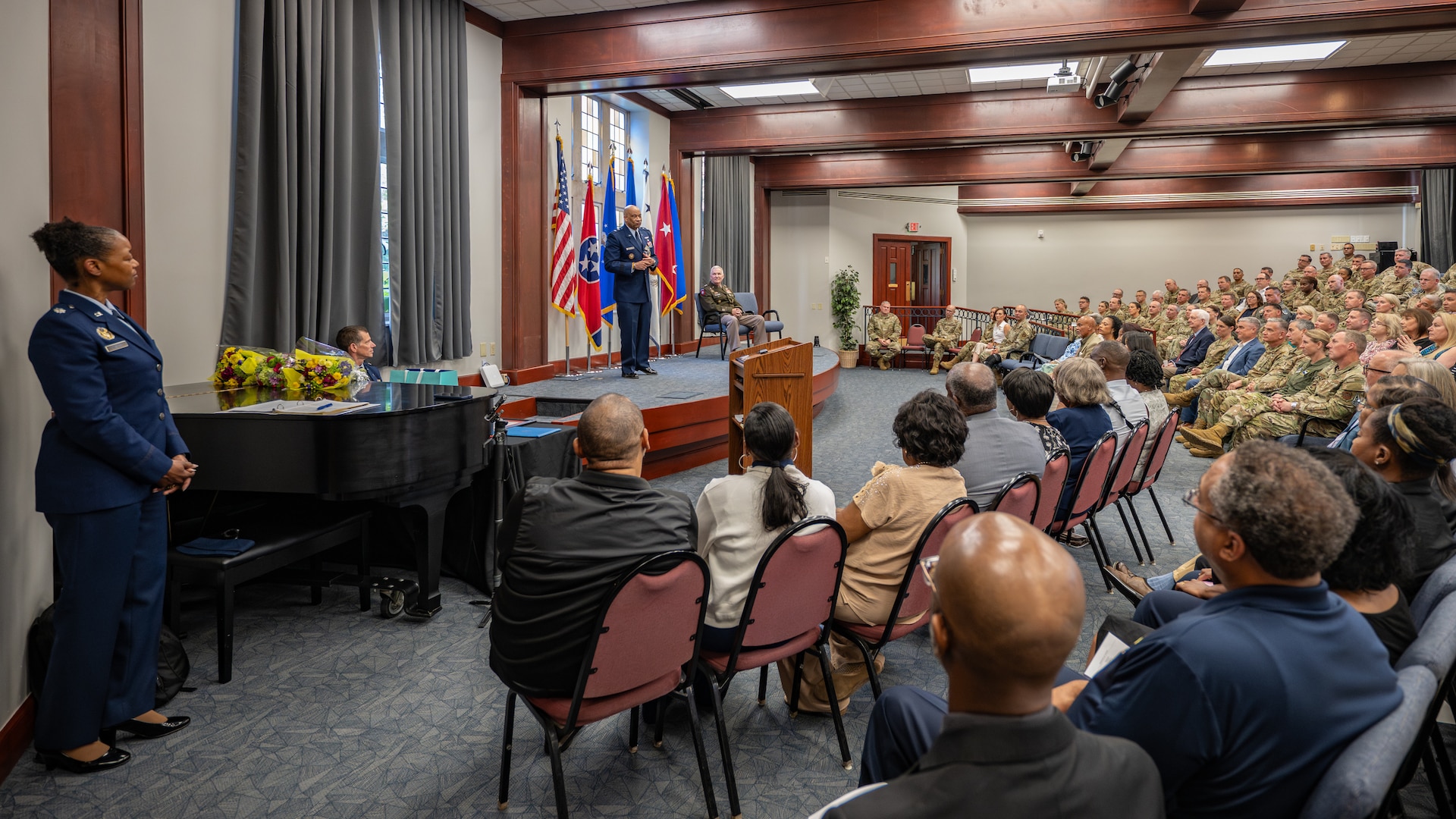 U.S. Air Force Maj. Gen. Charles Walker, Air National Guard assistant to the judge advocate general of the United States Air Force, addresses an audience of friends, family and colleagues at his retirement ceremony in Nashville, Tenn., July 24, 2026. Walker is concluding a distinguished 35-year career during which he previously served as director of the Office of Complex Investigations at the National Guard Bureau in Washington, D.C., chief of staff for the Air Component at Joint Force Headquarters—Kentucky National Guard, and staff judge advocate for the Kentucky Air Guard’s 123rd Airlift Wing in Louisville. (U.S. Air National Guard photo by Dale Greer)