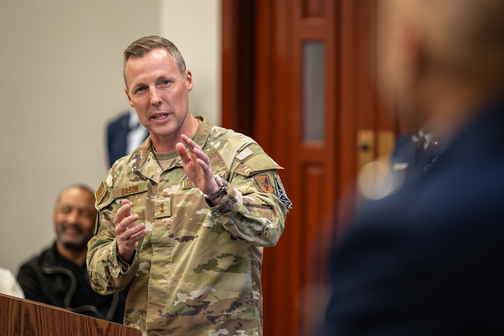 U.S. Air Force Maj. Gen. Christopher Eason, judge advocate general of the Air Force, speaks at the retirement ceremony of U.S. Air Force Maj. Gen. Charles Walker, Air National Guard assistant to the judge advocate general of the United States Air Force, in Nashville, Tenn., July 24, 2026. Walker is concluding a distinguished 35-year career during which he previously served as director of the Office of Complex Investigations at the National Guard Bureau in Washington, D.C., chief of staff for the Air Component at Joint Force Headquarters—Kentucky National Guard, and staff judge advocate for the Kentucky Air Guard’s 123rd Airlift Wing in Louisville. (U.S. Air National Guard photo by Dale Greer)