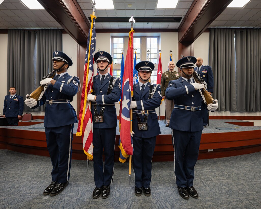 A U.S. Air Force Color Guard presents the colors during a retirement ceremony for U.S. Air Force Maj. Gen. Charles Walker, Air National Guard assistant to the judge advocate general of the United States Air Force, in Nashville, Tenn., July 24, 2026. Walker is concluding a distinguished 35-year career during which he previously served as director of the Office of Complex Investigations at the National Guard Bureau in Washington, D.C., chief of staff for the Air Component at Joint Force Headquarters—Kentucky National Guard, and staff judge advocate for the Kentucky Air Guard’s 123rd Airlift Wing in Louisville. (U.S. Air National Guard photo by Dale Greer)