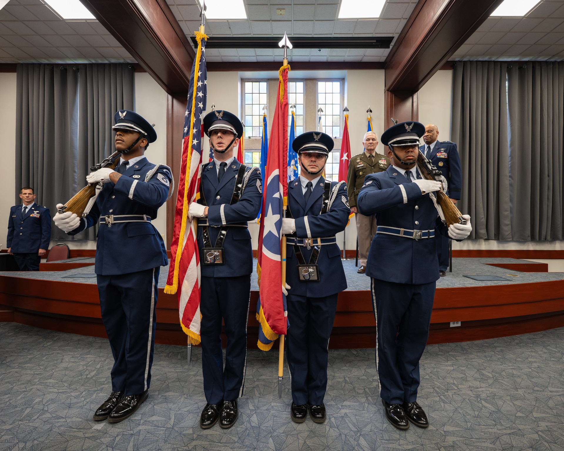A U.S. Air Force Color Guard presents the colors during a retirement ceremony for U.S. Air Force Maj. Gen. Charles Walker, Air National Guard assistant to the judge advocate general of the United States Air Force, in Nashville, Tenn., July 24, 2026. Walker is concluding a distinguished 35-year career during which he previously served as director of the Office of Complex Investigations at the National Guard Bureau in Washington, D.C., chief of staff for the Air Component at Joint Force Headquarters—Kentucky National Guard, and staff judge advocate for the Kentucky Air Guard’s 123rd Airlift Wing in Louisville. (U.S. Air National Guard photo by Dale Greer)