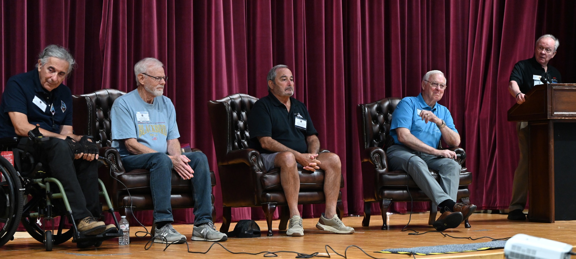 Veteran SR-71 Blackbird pilots, crew and maintainers share stories of their time with the supersonic aircraft at RAF Mildenhall, England, July 27, 2026. The Blackbird was assigned to Detachment 4, 9th Reconnaissance Wing, out of RAF Mildenhall from 1976 to 1990, and 2026 marks the 50th anniversary of its arrival here. The veterans received mission briefings and a tour of the base, including hangars where they once worked, and static displays. (U.S. Air Force photo by Karen Abeyasekere)