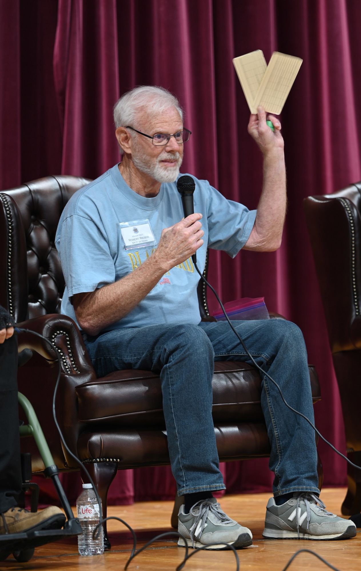 U.S. Air Force Maj. (ret.) Robert Rieser, veteran and former SR-71 Blackbird intelligence officer, holds up computer data cards for the aircraft’s astro-intertial navigation system during a visit at RAF Mildenhall, England, July 27, 2026. Between 1982 and 1986, Rieser was chief of the collection management branch of Detachment 4, 9th Reconnaissance Wing, and was responsible for building sensor actions into SR-71 flight paths, scheduling missions and coordinating theater and national collection requirements. (U.S. Air Force photo by Karen Abeyasekere)