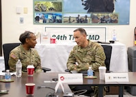 Brig. Gen. David Barrett, U. S. Army Reserve Legal Command and Col. Candace White-Halverson Staff Judge Advocate, 84th Training Command, discuss the state of the 84th Training Command's legal section during an Article 6 inspection, August 1, 2026, at Fort Knox, Ky. (U.S. Army Reserve photo by Sgt. 1st Class Justin Hardin)