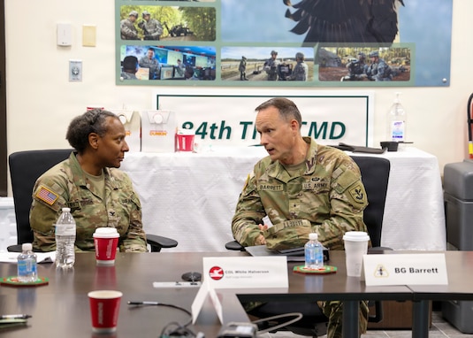 Brig. Gen. David Barrett, U. S. Army Reserve Legal Command and Col. Candace White-Halverson Staff Judge Advocate, 84th Training Command, discuss the state of the 84th Training Command's legal section during an Article 6 inspection, August 1, 2026, at Fort Knox, Ky. (U.S. Army Reserve photo by Sgt. 1st Class Justin Hardin)