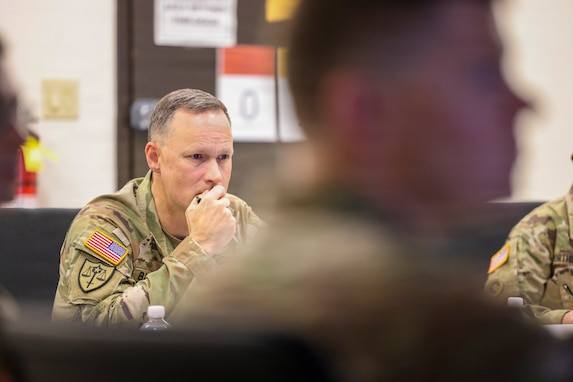 Brig. Gen. David Barrett, U. S. Army Reserve Legal Command and a delegation of legal professionals, conducted an Article 6 inspection of the 84th Training Command's legal section, August 1, 2026, at Fort Knox, Ky. (U.S. Army Reserve photo by Sgt. 1st Class Justin Hardin)