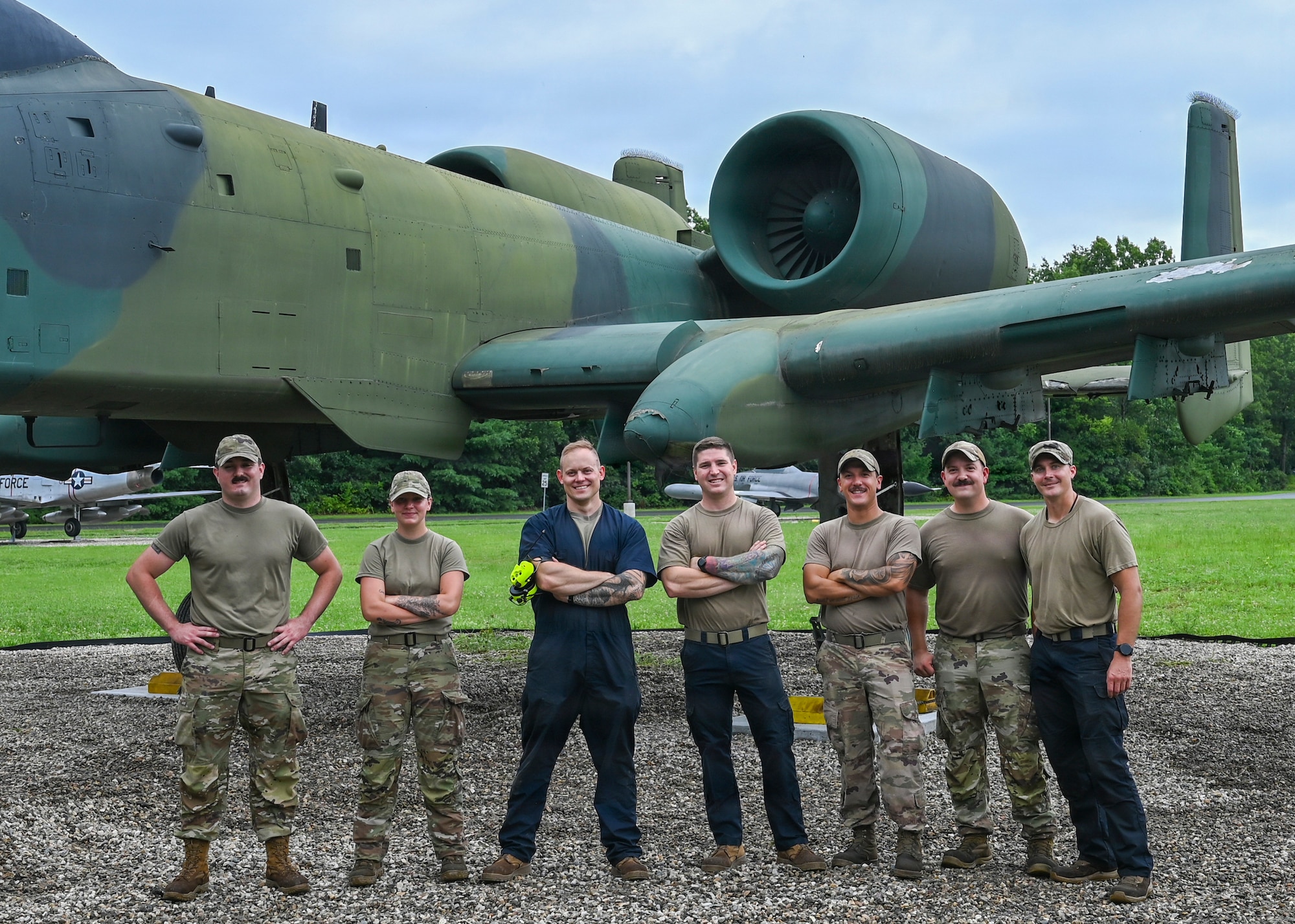 The 104th Fighter Wing crashed, damaged, disabled, aircraft recovery (CDDAR) team poses for a group photo after moving an A-10 Thunderbolt II static display to its new location in the 104FW "field of dreams," August 3, 2026, at Barnes Air National Guard Base, Westfield, Mass.

The field of dreams presents a visual history of static displays with past aircraft the wing has flown and preserves the aircraft's legacies. 

(U.S. Air National Guard Photo by Jay Hewitt)