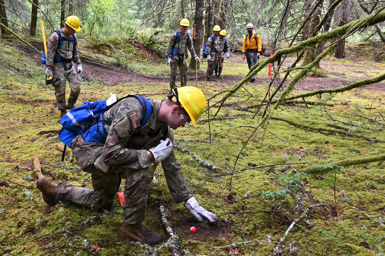 A man in a camouflage military uniform and hard hat kneels in the woods while checking the ground; there are five people in similar attire standing in the background.