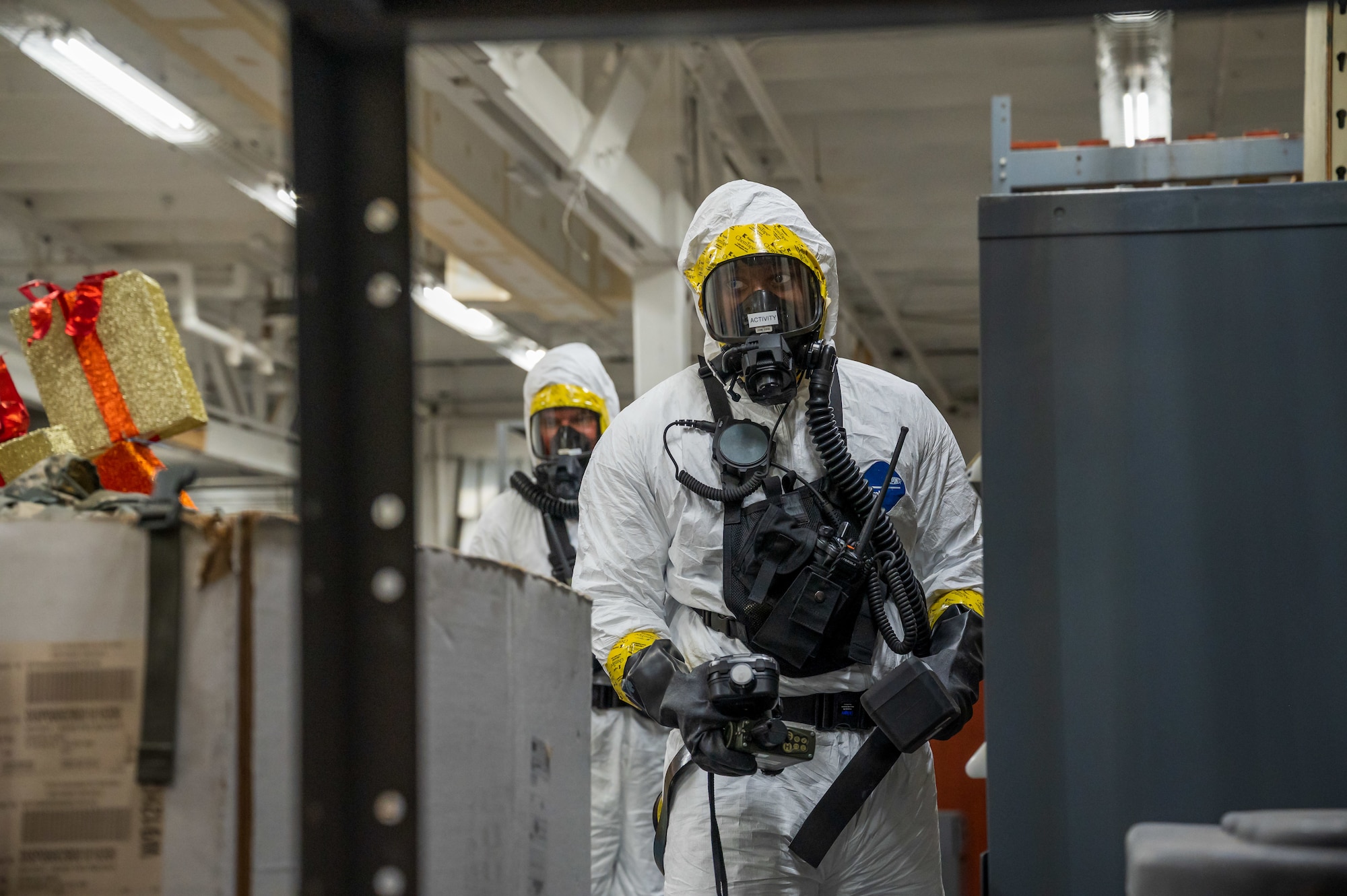Space Launch Delta 45 Emergency Management personnel and members of the Florida National Guard’s 44th Weapons of Mass Destruction Civil Support Team conduct a joint hazardous materials response training exercise at Patrick Space Force Base, Fla., July 28, 2026. Survey team members use handheld monitoring equipment to assess conditions inside a simulated hot zone and identify potential hazardous agents. (U.S. Space Force photo by Gwendolyn Kurzen)