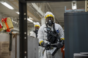 Space Launch Delta 45 Emergency Management personnel and members of the Florida National Guard’s 44th Weapons of Mass Destruction Civil Support Team conduct a joint hazardous materials response training exercise at Patrick Space Force Base, Fla., July 28, 2026. Survey team members use handheld monitoring equipment to assess conditions inside a simulated hot zone and identify potential hazardous agents. (U.S. Space Force photo by Gwendolyn Kurzen)