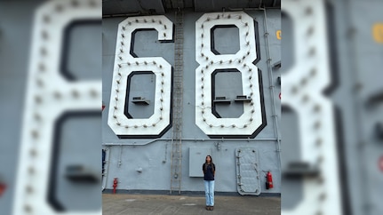 Riya Salian, an NSWC Crane intern, photographed onboard the USS Nimitz (CNV-68), a nuclear-powered aircraft carrier.