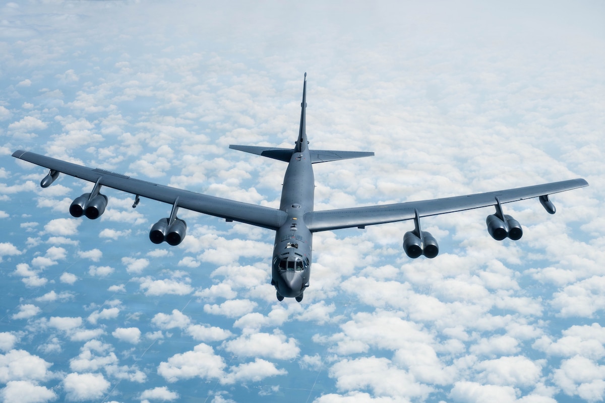 A B-52 Stratofortress assigned to the 5th Bomb Wing flies above the Midwestern United States