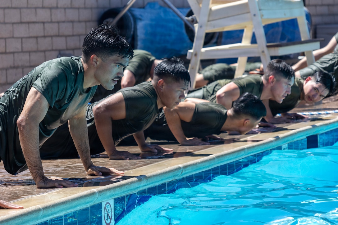 U.S. Marines participated in a swim physical training session at the Oasis Pool aboard Marine Corps Logistics Base Barstow, California, August 4. The training, which integrated endurance swimming and water survival techniques, focused on building cardiovascular stamina, breathing control, and water confidence to maintain total force physical readiness and amphibious combat capabilities. 
(U.S. Marine Corps photos by Kristyn Galvan, COMMSTRAT)