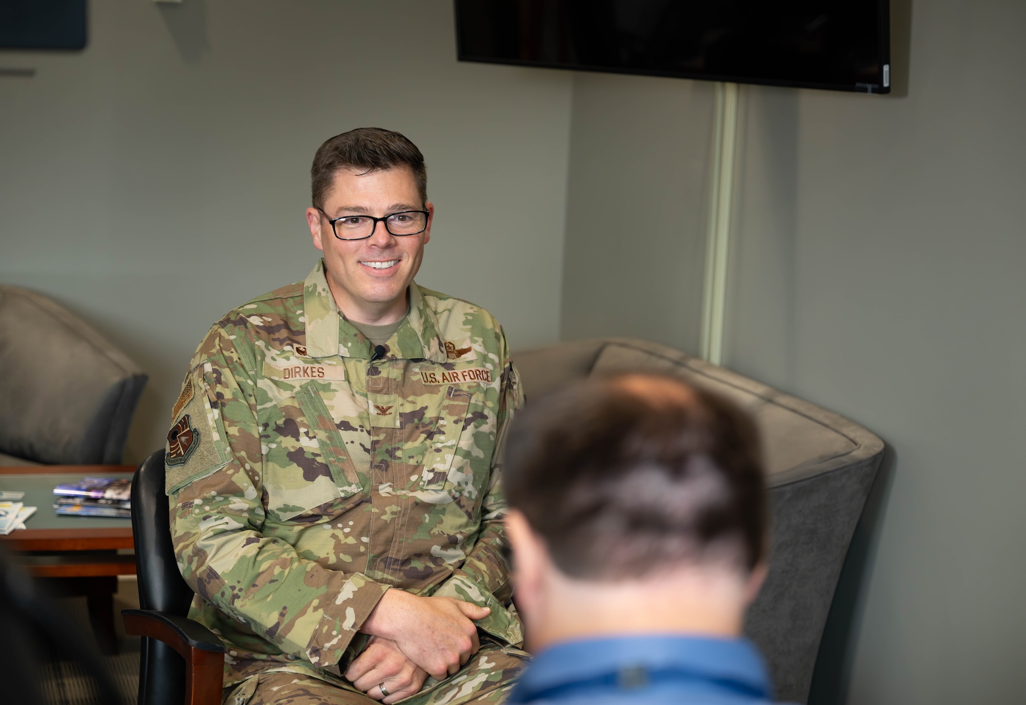 Arnold Engineering Development Complex Commander Col. Wayne Dirkes is interview by AEDC Public Affairs staff Aug. 3, 2026, in his office at Arnold Air Force Base, Tenn. Dirkes assumed command of AEDC on June 27, 2026. Arnold AFB is the headquarters of AEDC. (U.S. Air Force photo by Diamond Brown)