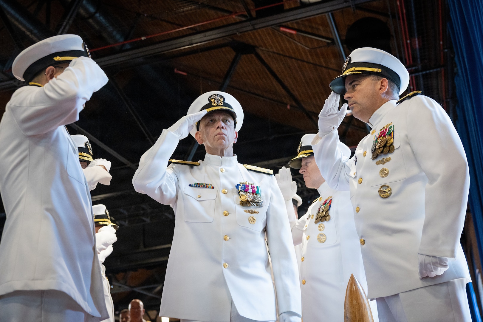 Vice Adm. James P. Downey was relieved of his dual-hatted role as commander, Naval Sea Systems Command (NAVSEA) by Rear Adm. Peter Small and as Portfolio Acquisition Executive Industrial Operations (PAE IO) by Rear Adm. Todd Weeks during a joint change of office and command ceremony on the Washington Navy Yard, Aug. 6. (U.S. Navy photo by Matthew Rakola)