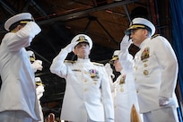 Vice Adm. James P. Downey was relieved of his dual-hatted role as commander, Naval Sea Systems Command (NAVSEA) by Rear Adm. Peter Small and as Portfolio Acquisition Executive Industrial Operations (PAE IO) by Rear Adm. Todd Weeks during a joint change of office and command ceremony on the Washington Navy Yard, Aug. 6. (U.S. Navy photo by Matthew Rakola)
