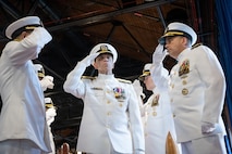 Vice Adm. James P. Downey was relieved of his dual-hatted role as commander, Naval Sea Systems Command (NAVSEA) by Rear Adm. Peter Small and as Portfolio Acquisition Executive Industrial Operations (PAE IO) by Rear Adm. Todd Weeks during a joint change of office and command ceremony on the Washington Navy Yard, Aug. 6. (U.S. Navy photo by Matthew Rakola)