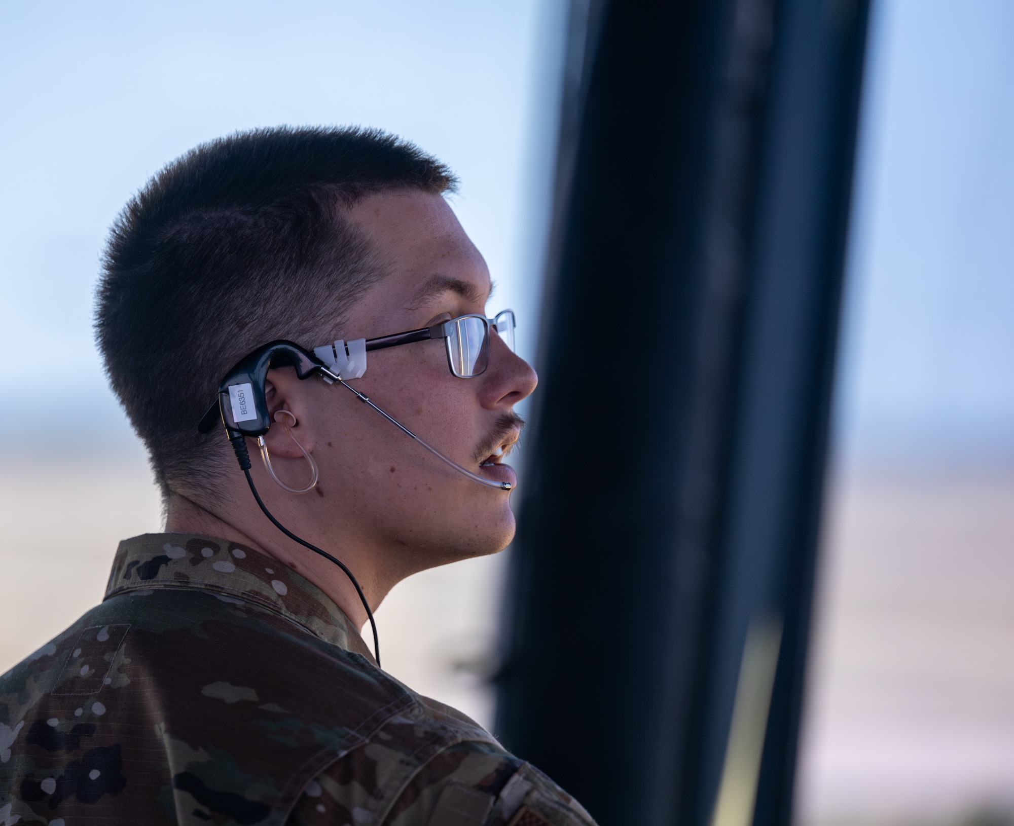 U.S. Air Force Airman 1st Class Luke Hodgen, 97th Operations Support Squadron air traffic control apprentice, clears an aircraft for takeoff at Altus Air Force Base, Oklahoma, Aug. 4, 2026. During a hands-on immersion tour, the 97th Air Mobility Wing command team had the opportunity to see air traffic controllers in action. (U.S. Air Force photo by Airman 1st Class Emma Wright)