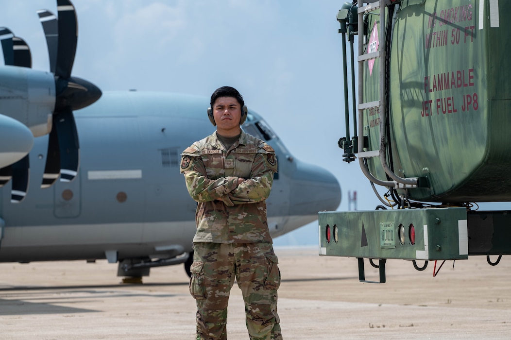 U.S. Air Force Senior Airman Josue De La Rosa, 8th Logistics Readiness Squadron fuels distribution operator, poses for a photo at Kunsan Air Base, Republic of Korea, Aug. 6, 2026. De La Rosa was selected as the Wolf Pack’s "Pride of the Pack" for the week of Aug. 3-7 due to his willingness to step outside his normal duties to assist his wingmen in getting the mission done. (U.S. Air Force photo by Staff Sgt. Cedrique Oldaker)