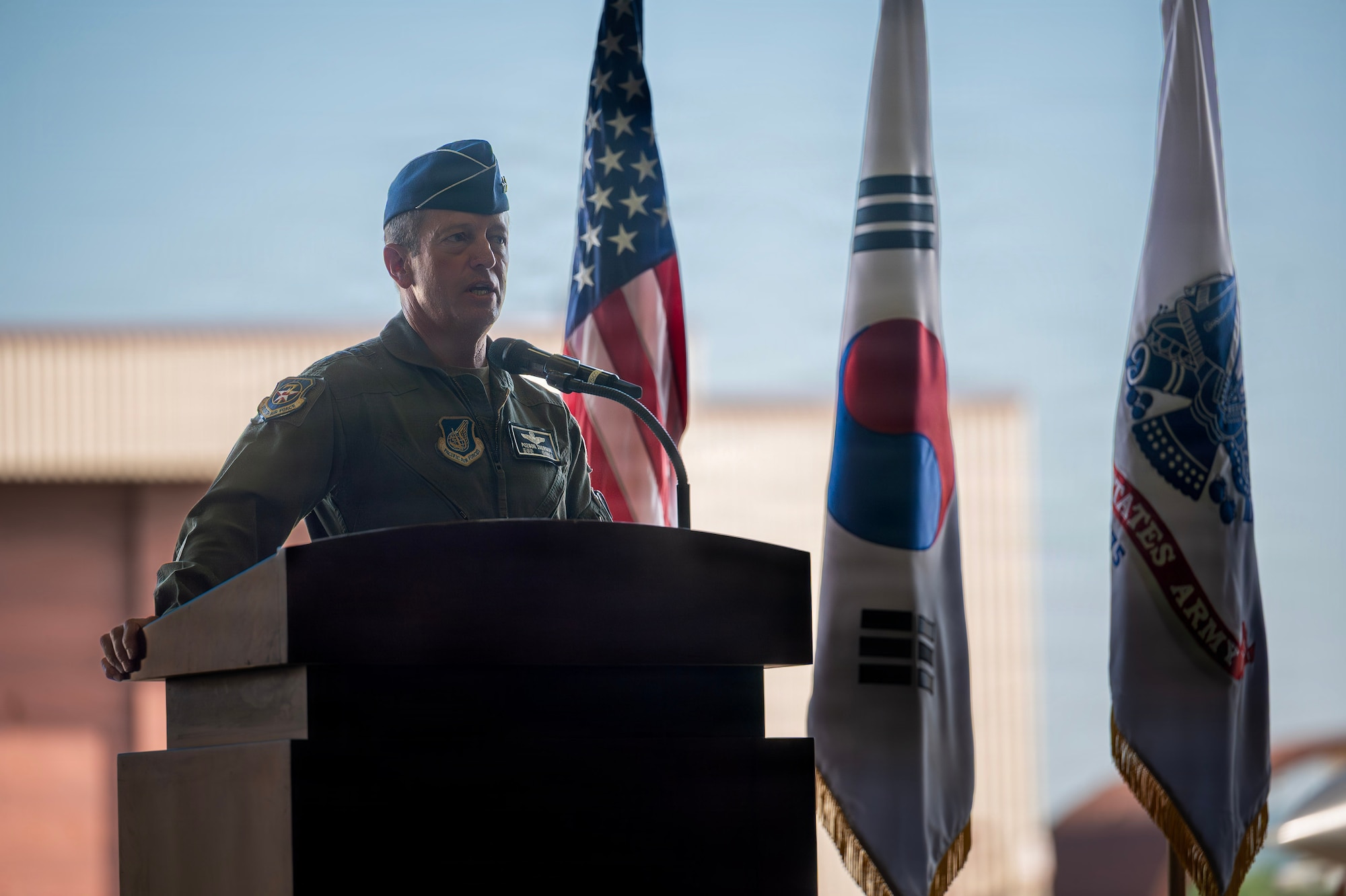 U.S. Air Force Lt. Gen. David Iverson, outgoing Seventh Air Force commander, delivers final remarks during the Seventh Air Force change of command ceremony at Osan Air Base, Republic of Korea, Aug. 7, 2026. Iverson’s next assignment will be to serve as the Pacific Air Forces deputy commander at Joint Base Pearl Harbor-Hickam, Hawaii. (U.S. Air Force photo by Staff Sgt. Sarah Williams)