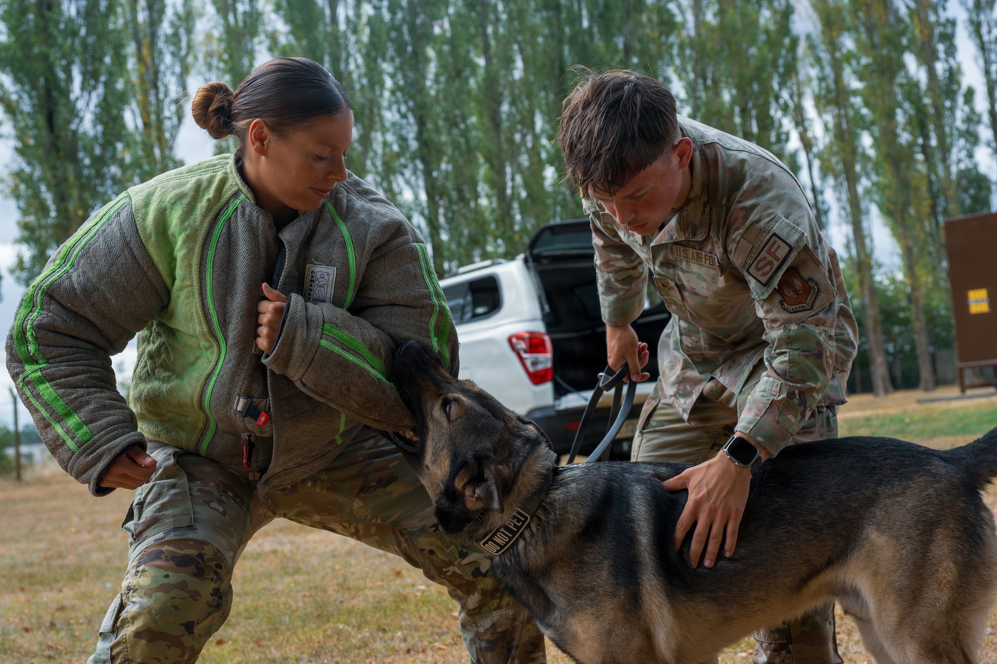 A U.S. Air Force military working dog deployed to the 422nd Security Forces Squadron engages a simulated suspect during a readiness exercise at RAF Fairford, England, July 30, 2026. The training sharpened military working dog teams’ ability to support security forces response operations. (U.S. Air Force photo by Senior Airman Adam Enbal)