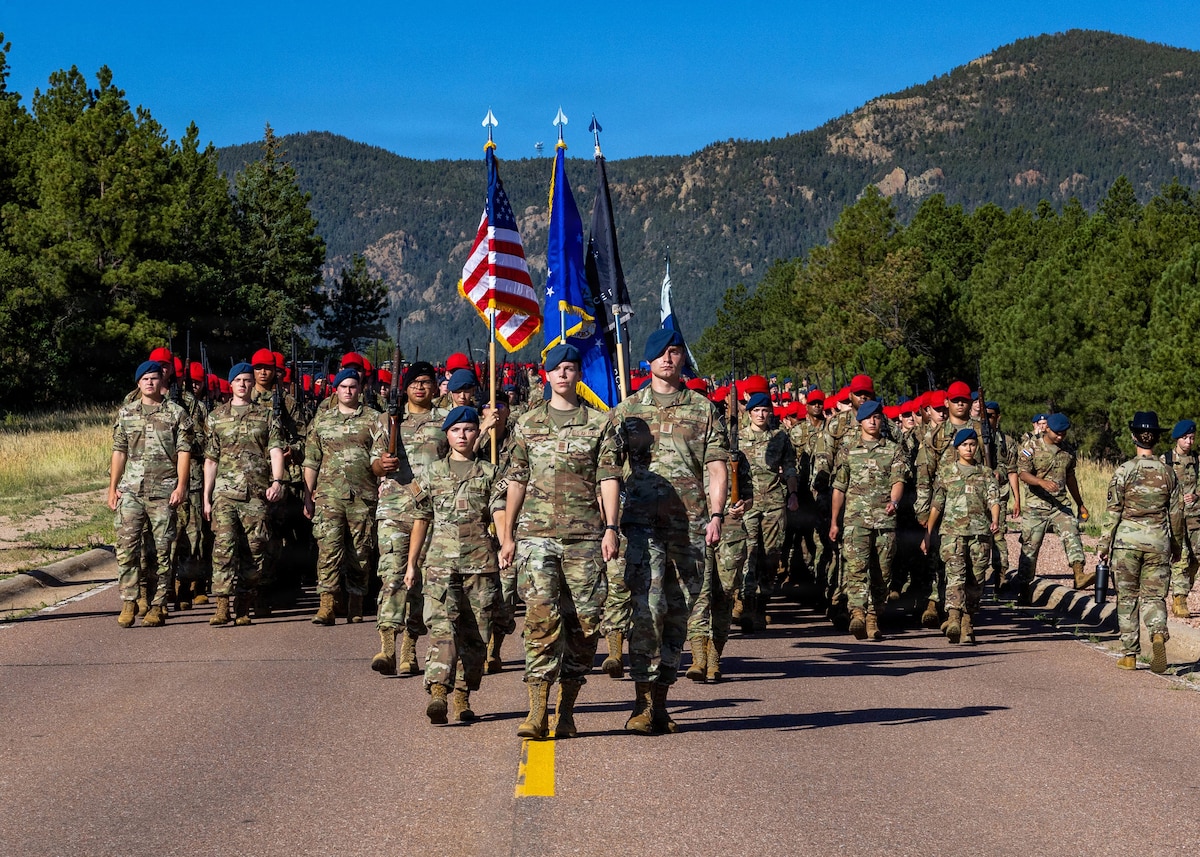 Basic cadets march to Jacks Valley during Basic Cadet Training at the U.S. Air Force Academy in Colorado Springs, Colo., July 12, 2026. The training marked the beginning of the second phase of Basic Cadet Training at Jacks Valley, where basic cadets completed field exercises, land navigation and weapons training. (U.S. Air Force photo by Jonathan Suni)