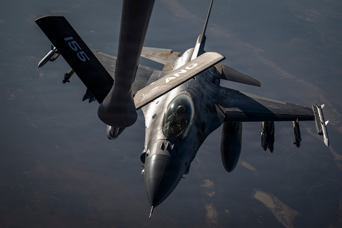 A U.S. Air Force F-16 Fighting Falcon approaches a KC-135 Stratotanker for aerial refueling in the U.S. Central Command area of responsibility, July 22, 2026. Aerial refueling extends the aircraft's range, endurance and operational flexibility, enabling fighter aircraft to project combat airpower and sustain operations across the region. (U.S. Air Force photo by Senior Airman Adriana Jordan-Alcaniz)