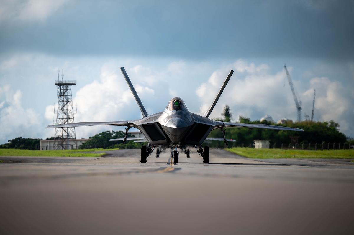 U.S. Air Force F-22 Raptors assigned to the 27th and 90th Expeditionary Fighter Squadrons taxi to the runway during readiness exercise Beverly Beach 26-1 at Kadena Air Base, Japan, Aug. 3, 2026. The exercise strengthens readiness to deter aggression and defend the shared interests of the United States and Japan. (U.S. Air Force photo by Airman 1st Class Nathaniel Jackson)