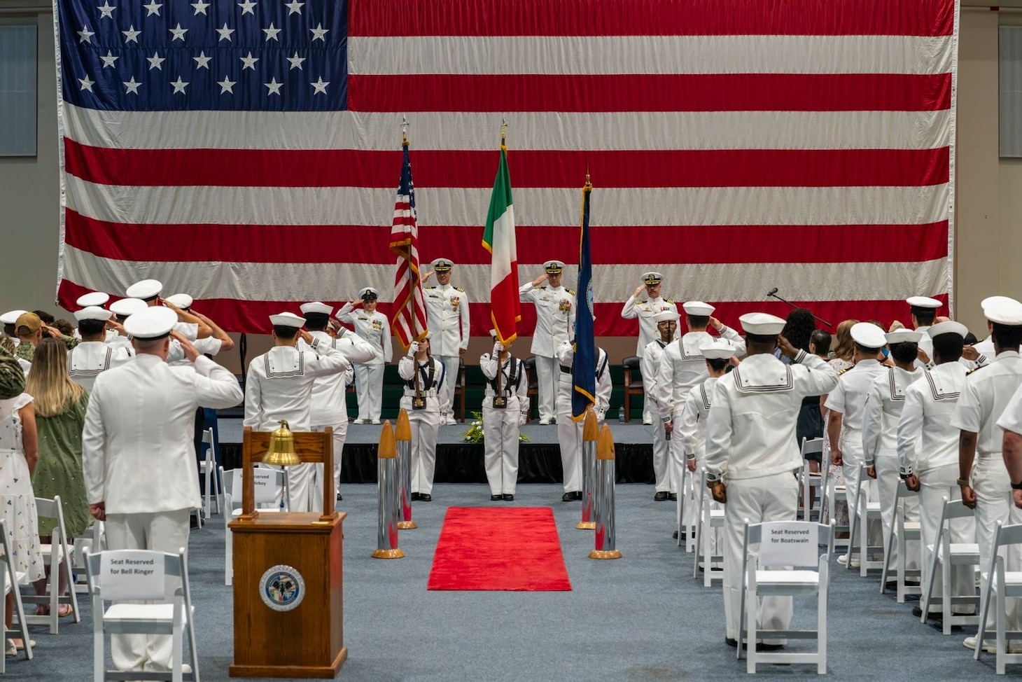 Capt. Frank C. Sanchez relieves Capt. Brian J. Schneider as commodore of Commander, Task Force 67 during a change of command ceremony at Naval Air Station Sigonella, Aug. 7, 2026. (Official U.S. Navy photo)