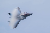 Maj. Sean Laughlin, F-35A Lightning II Demonstration Team commander, performs an aerial maneuver during the Arctic Lightning Air Show at Eielson Air Force Base, Alaska, Aug. 2, 2026. The demonstration showcased the advanced capabilities of the F-35A Lightning II while highlighting the skill, precision and professionalism of Air Force personnel. (U.S. Air Force photo by Senior Airman Colin Perkins)