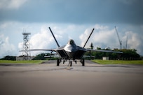 U.S. Air Force F-22 Raptors assigned to the 27th and 90th Expeditionary Fighter Squadrons taxi to the runway during readiness exercise Beverly Beach 26-1 at Kadena Air Base, Japan, Aug. 3, 2026. The exercise strengthens readiness to deter aggression and defend the shared interests of the United States and Japan. (U.S. Air Force photo by Airman 1st Class Nathaniel Jackson)