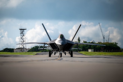 U.S. Air Force F-22 Raptors assigned to the 27th and 90th Expeditionary Fighter Squadrons taxi to the runway during readiness exercise Beverly Beach 26-1 at Kadena Air Base, Japan, Aug. 3, 2026. The exercise strengthens readiness to deter aggression and defend the shared interests of the United States and Japan. (U.S. Air Force photo by Airman 1st Class Nathaniel Jackson)