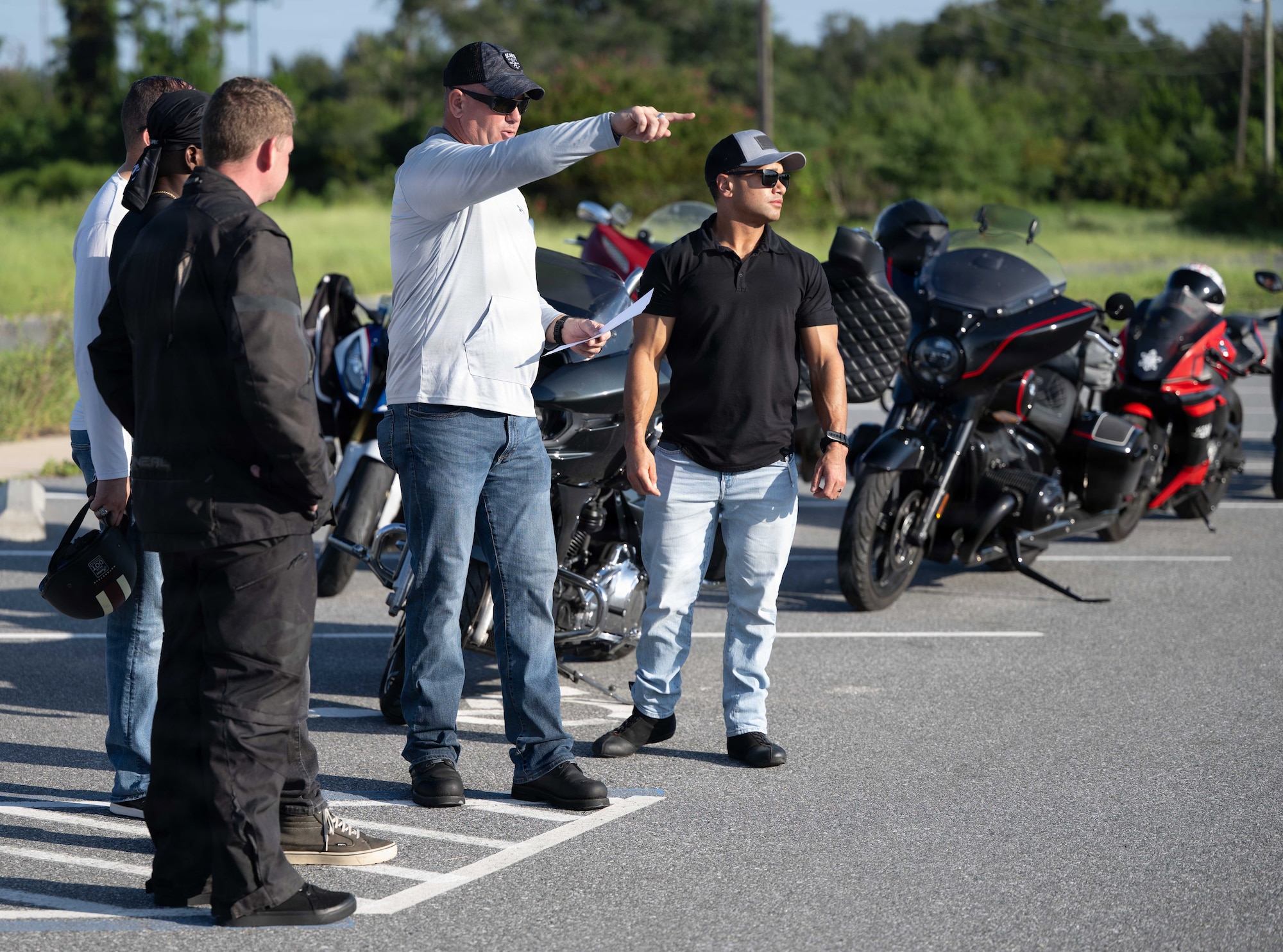 Man points during motorcycle training