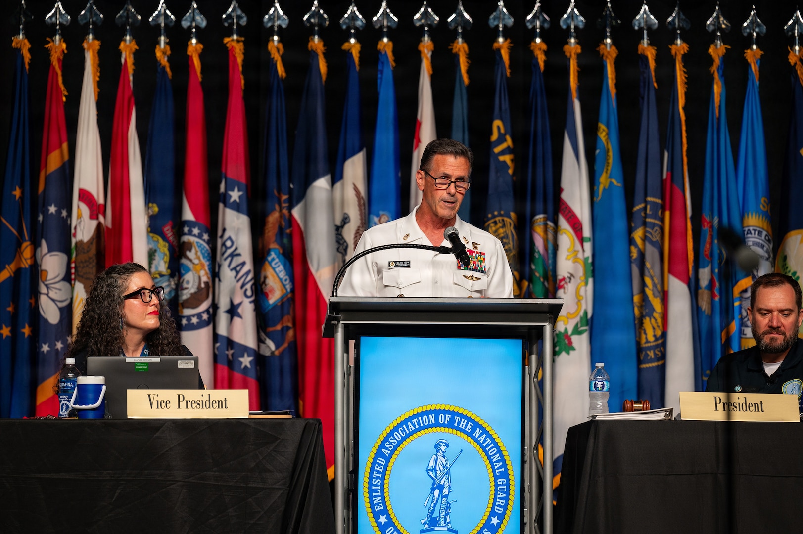Senior Enlisted Advisor to the Chairman David L. Isom, center, gives remarks during an annual enlisted National Guard conference in Daytona Beach, Florida, July 31, 2026.