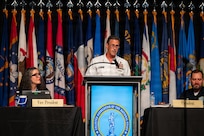 Senior Enlisted Advisor to the Chairman David L. Isom, center, gives remarks during an annual enlisted National Guard conference in Daytona Beach, Florida, July 31, 2026.