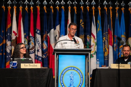 Senior Enlisted Advisor to the Chairman David L. Isom, center, gives remarks during an annual enlisted National Guard conference in Daytona Beach, Florida, July 31, 2026.