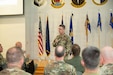 U.S. Air Force Chief Master Sgt. Edward Zuech, command chief of the 111th Attack Wing, addresses commanders and senior enlisted leaders during the opening of the 111th Attack Wing Leadership Summit at the 193rd Air Operations Group in State College, Pennsylvania, July 21, 2026. The summit brought together wing leadership to discuss strategic priorities, strengthen collaboration, and align efforts to enhance mission readiness across the wing. (U.S. Air National Guard photo by Senior Airman Matthew Bergh)