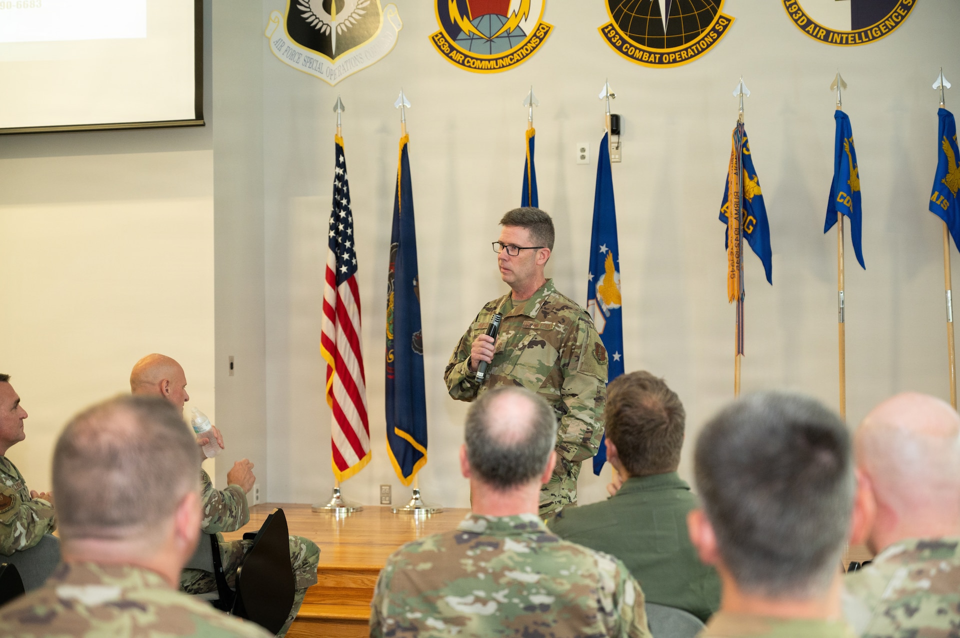 U.S. Air Force Chief Master Sgt. Edward Zuech, command chief of the 111th Attack Wing, addresses commanders and senior enlisted leaders during the opening of the 111th Attack Wing Leadership Summit at the 193rd Air Operations Group in State College, Pennsylvania, July 21, 2026. The summit brought together wing leadership to discuss strategic priorities, strengthen collaboration, and align efforts to enhance mission readiness across the wing. (U.S. Air National Guard photo by Senior Airman Matthew Bergh)