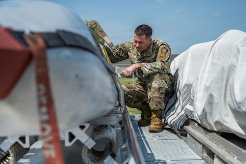 U.S. Air Force Master Sgt. Pete Nunes, Air Force Global Strike Command B-2 armament inspector, inspects munitions at Barksdale Air Force Base, Louisiana, Aug. 4, 2026. Nunes won AFGSC’s Outstanding Airman of the Year award for 2025, an annual tradition celebrating Airmen who display superior leadership, job performance, community involvement and personal achievements. (U.S. Air Force photo by Senior Airman Rhea Beil)