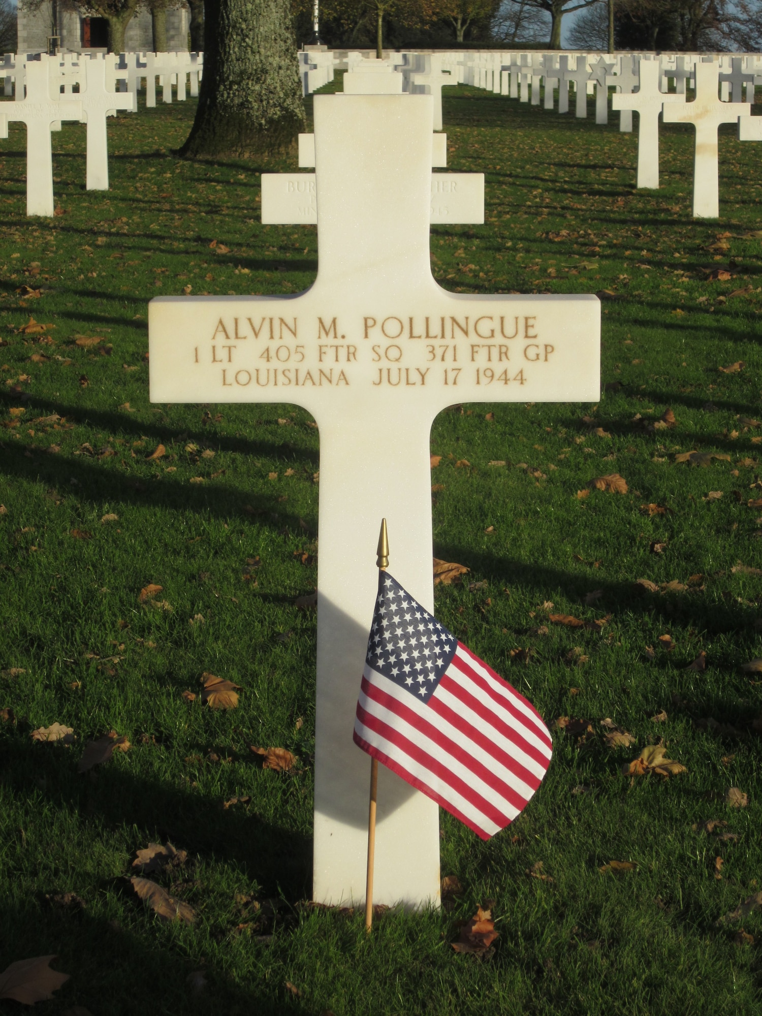 Grave of Lt. Pollingue at the Brittany American Military Cemetery and Memorial in France.  (Find a Grave.com website memorial page for 1st Lt. Alvin Michael Pollingue, image added by Joy Riggers.)
