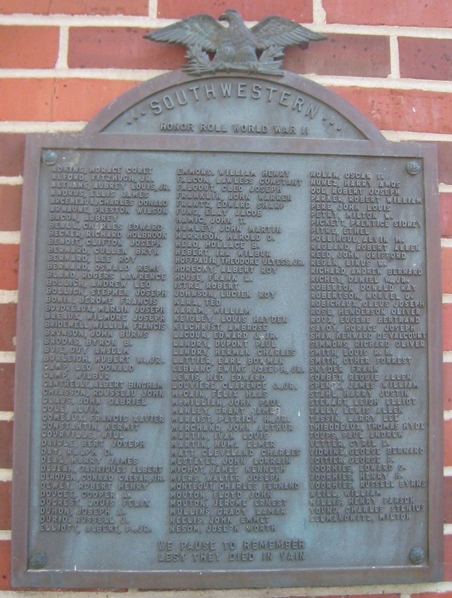 Memorial plaque to the fallen and missing from the University of Louisiana campus at Lafayette, Louisiana, carries the name of Alvin M. Pollingue.  (Find a Grave.com website memorial page for 1st Lt. Alvin Michael Pollingue, image added by Greg de Valcourt.)