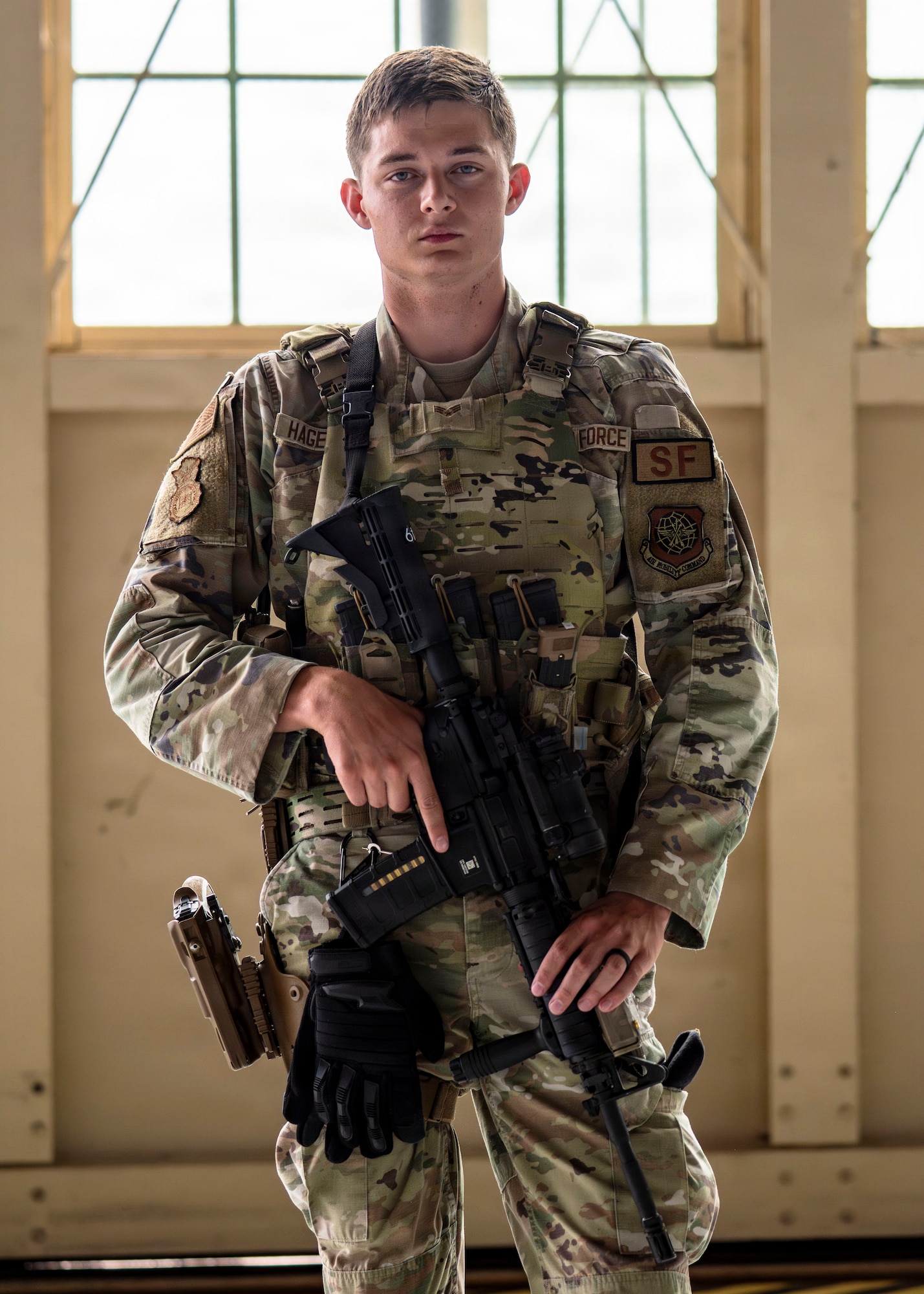U.S. Air Force Senior Airman Nathan Hagenbuch, 6th Security Forces Squadron defender, participates in a redeployment at MacDill Air Force Base, Florida, July 3, 2026. The redeployment marked the return of Airmen following the completion of their deployment in support of global operations. (U.S. Air Force photo by Senior Airman Monique Stober)