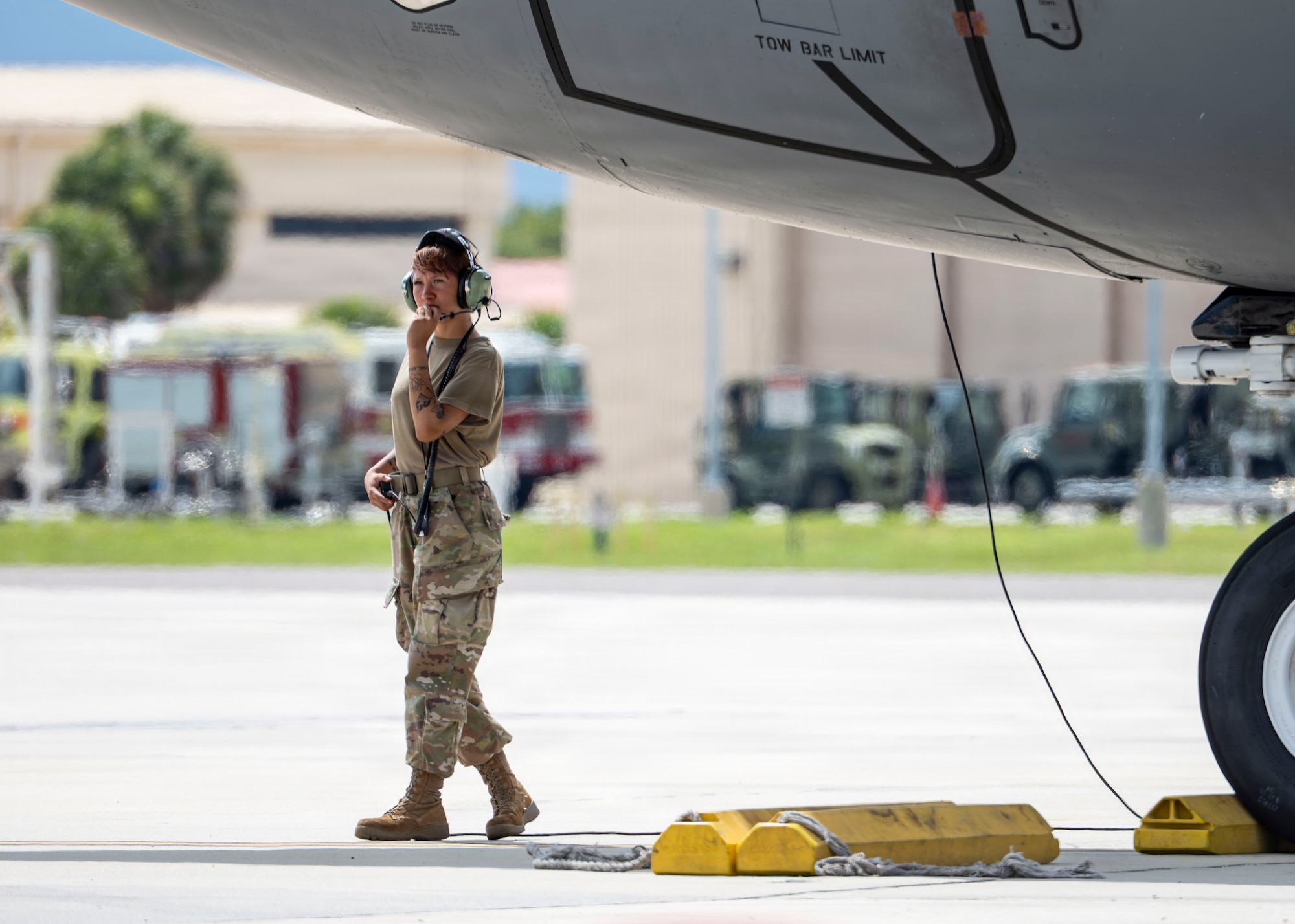 U.S. Air Force Senior Airman Natalea Javaux, a crew chief assigned to the 6th Aircraft Maintenance Squadron, conducts post-flight checks on a KC-135 Stratotanker at MacDill Air Force Base, Florida, July 3, 2026, following a redeployment. The 50th and 91st Air Refueling Squadrons returned from a scheduled deployment supporting combat operations and regional stability within the U.S. Central Command area of responsibility. (U.S. Air Force photo by Senior Airman Monique Stober)