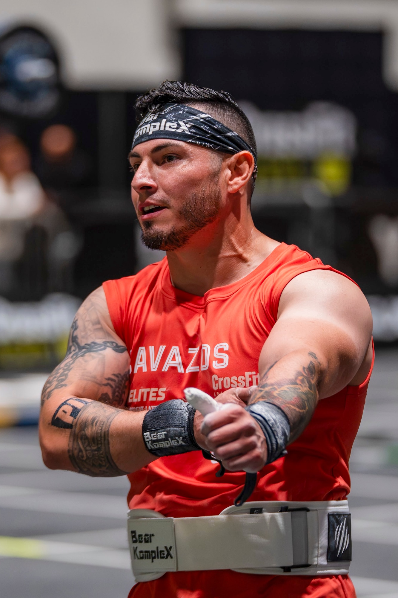 U.S. Air Force Tech. Sgt. Vincent Cavazos, flight sergeant for Bravo Flight with the 36th Security Forces Squadron, stretches during the 2026 Adaptive CrossFit Games in San Jose, California, July 25, 2026.