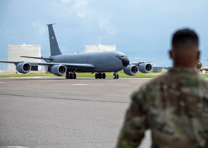 A KC-135 Stratotanker assigned to the 6th Air Refueling Wing, taxis the flightline at MacDill Air Force Base Florida, July 3, 2026. The aircraft carried Airmen assigned to the 50th and 91st Air Refueling Squadrons, returning from a scheduled deployment providing critical aerial refueling capabilities to joint and coalition forces. (U.S. Air Force photo by Senior Airman Monique Stober)